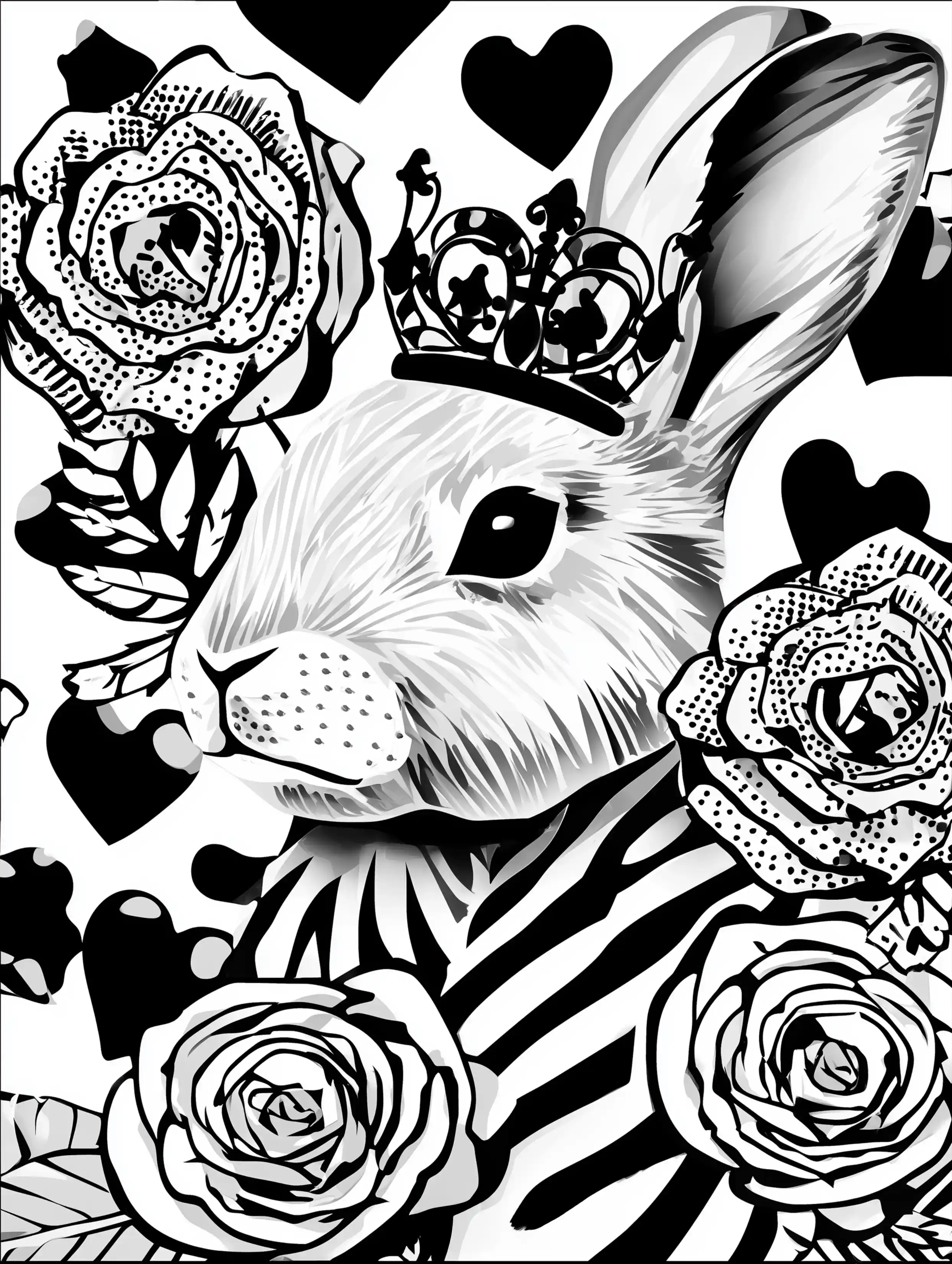 Free printable rabbit coloring page for adults featuring a royal bunny with a crown